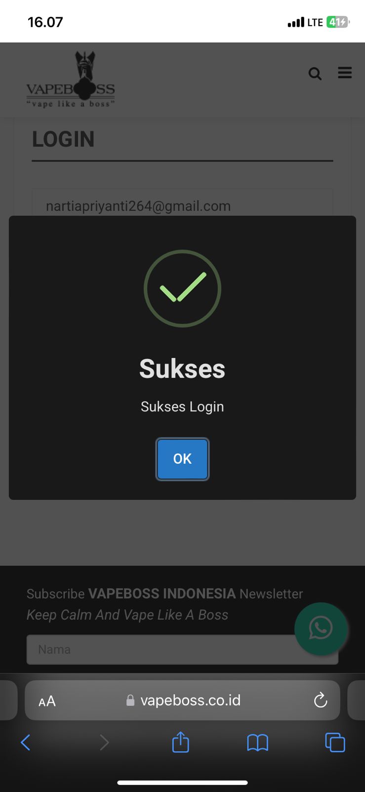 Sukses Login Marketplace Vapeboss